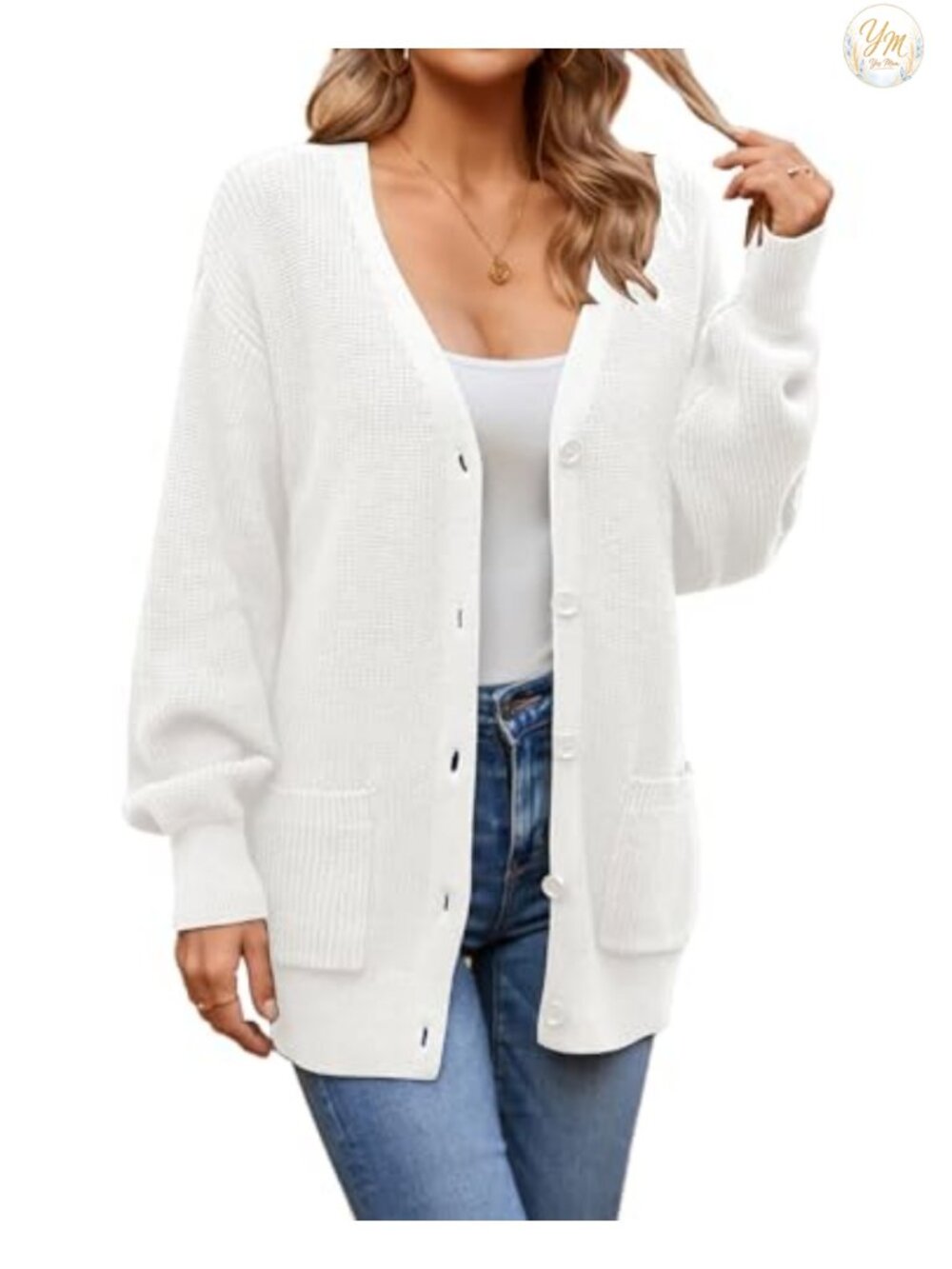 100% Cotton Cardigan Sweater with Pockets Oversized Button Front Knit - Picture 3 of 6